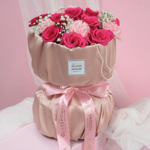 Roses, Carnations, Gypsophila - Frilly / Satin Bouquet
