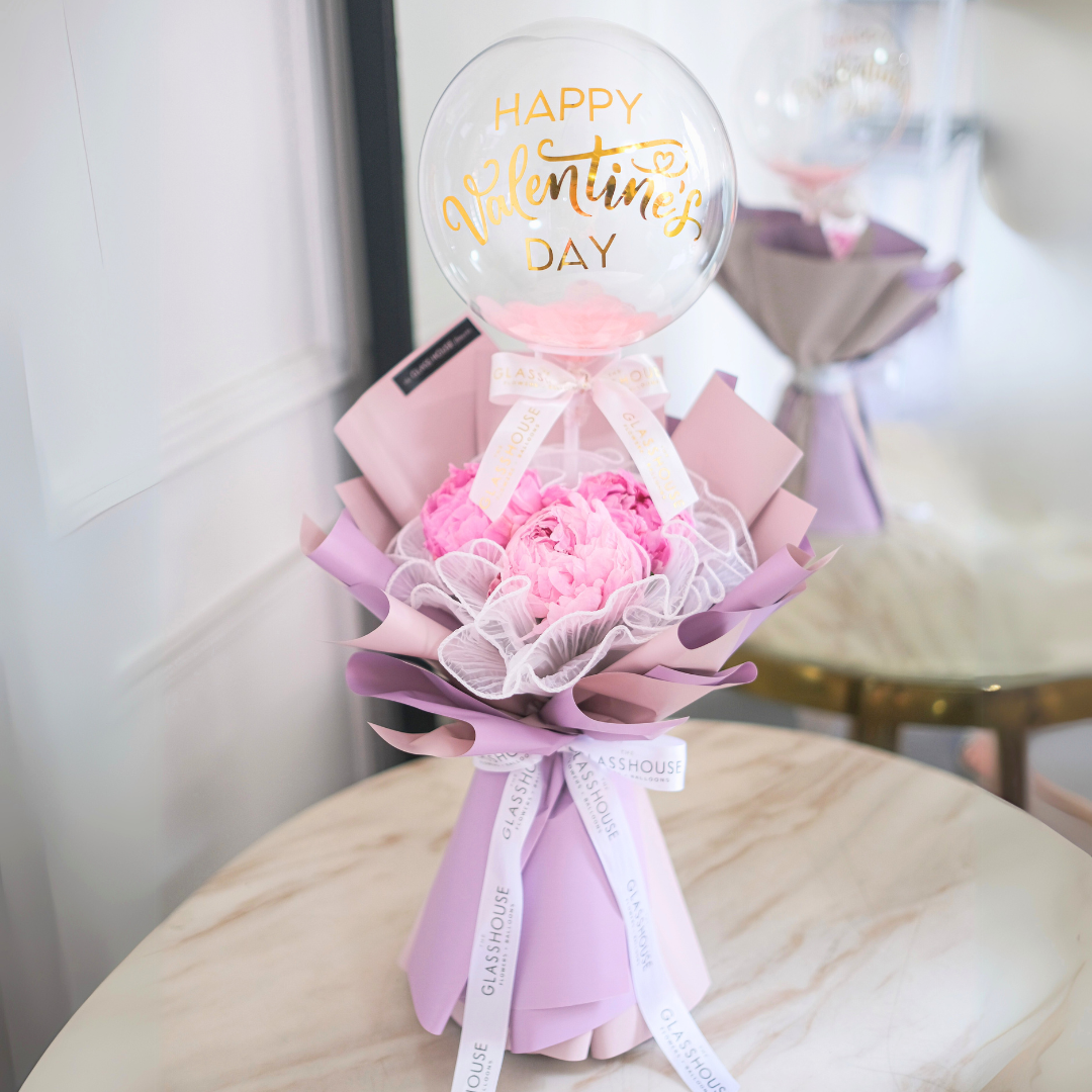 Trio Peonies Bouquet + Mini Bubble Balloon – The Glass House Flowers