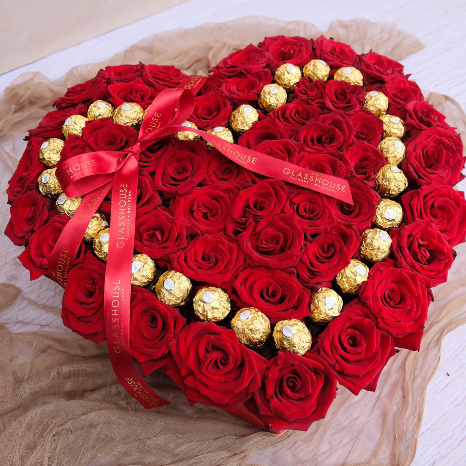 Roses & Ferrero Heart Outline - Large Heart Velvet Box