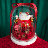 Lucky Cat Bell Glass Dome - Red (Good Fortune)