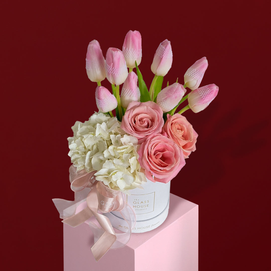 Roses, Tulips & Hydrangeas - Petite Round Box