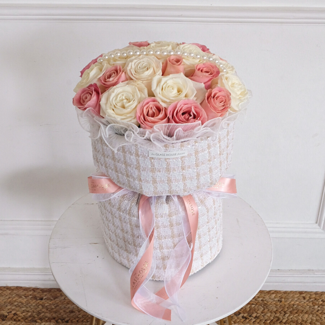 24 Roses with Pearls - Tweed Bouquet