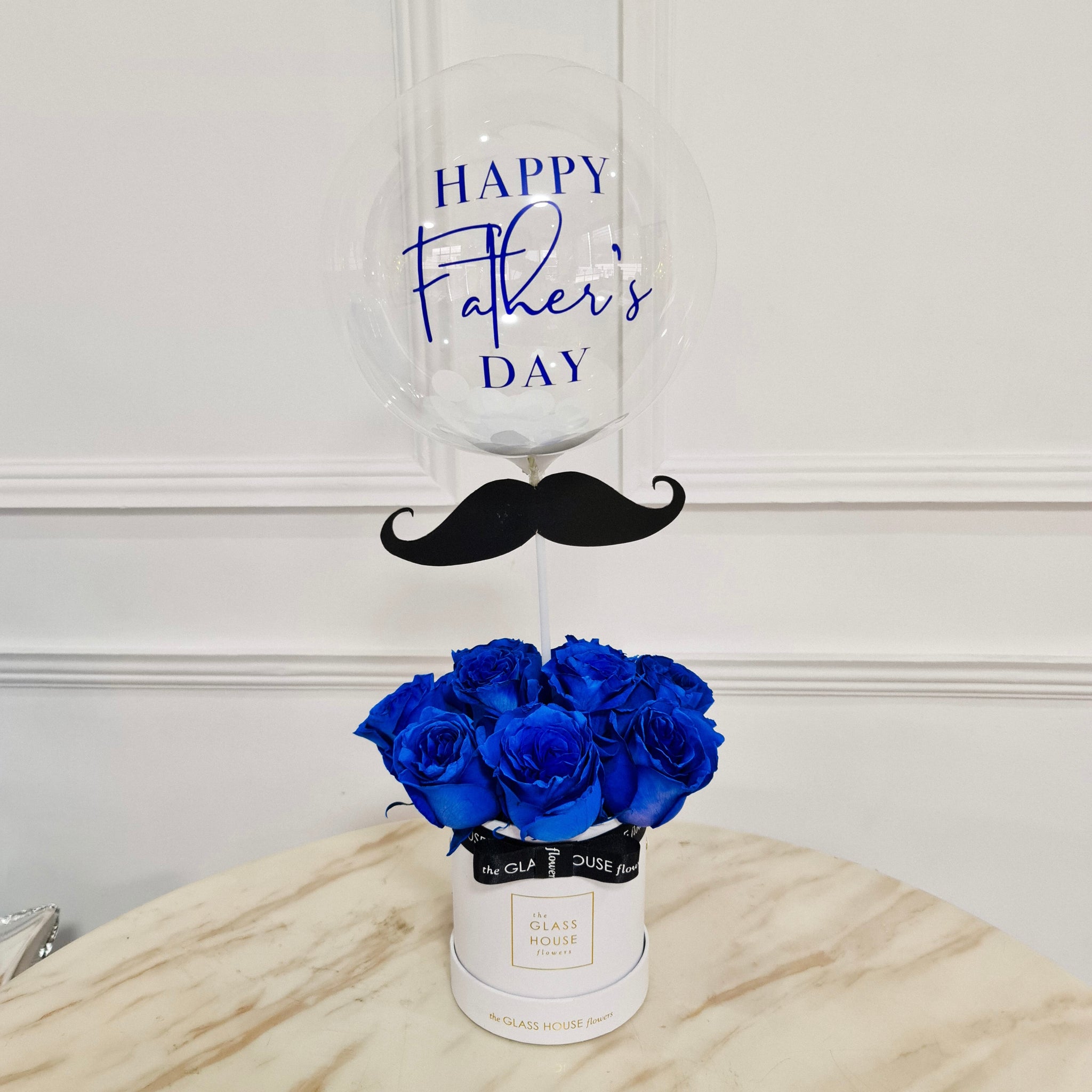 Premium Roses Petite Hat Box + Mustache Bubble Balloon