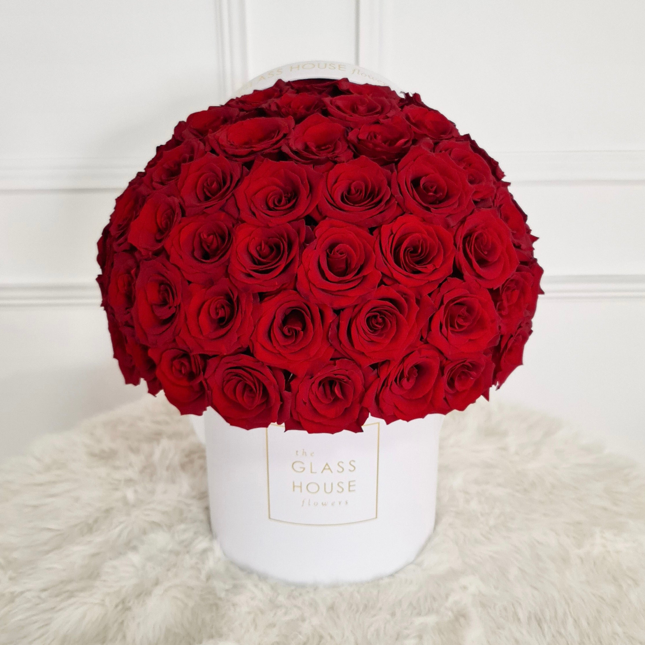 Dome White Roses Dome Roses - White Large Round Box – The Glass House Flowers